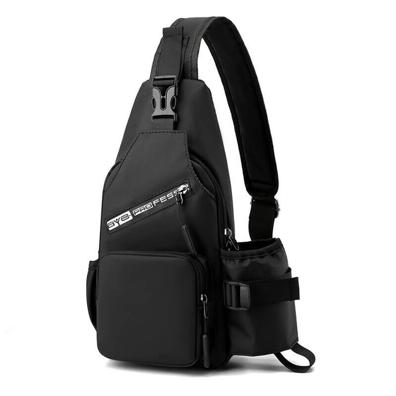 Men's multifunctional crossbody bag with USB-port, black nylon and polyester, zipper closure, arcuate shoulder strap, SF1212 model.